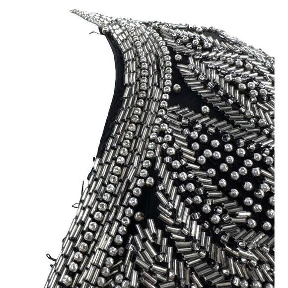 Vintage Fully Beaded Black Silver Evening Gown XL 14 Sequin Long Dress A… - Picture 8 of 16